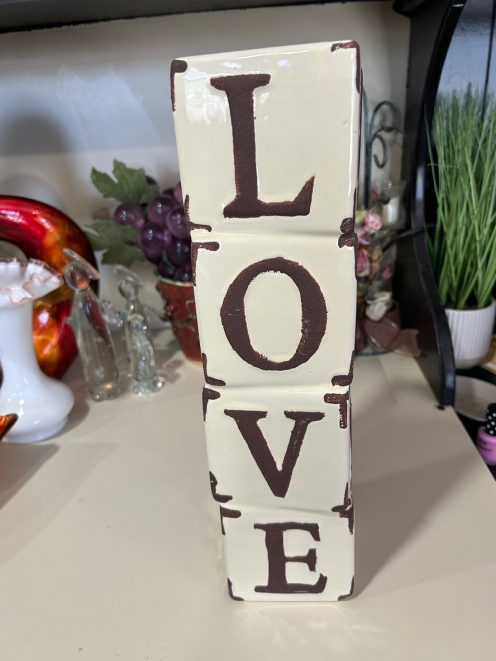 LOVE , Hope, Live& Home. Ceramic Block Stack - Ivory with Brown Letters